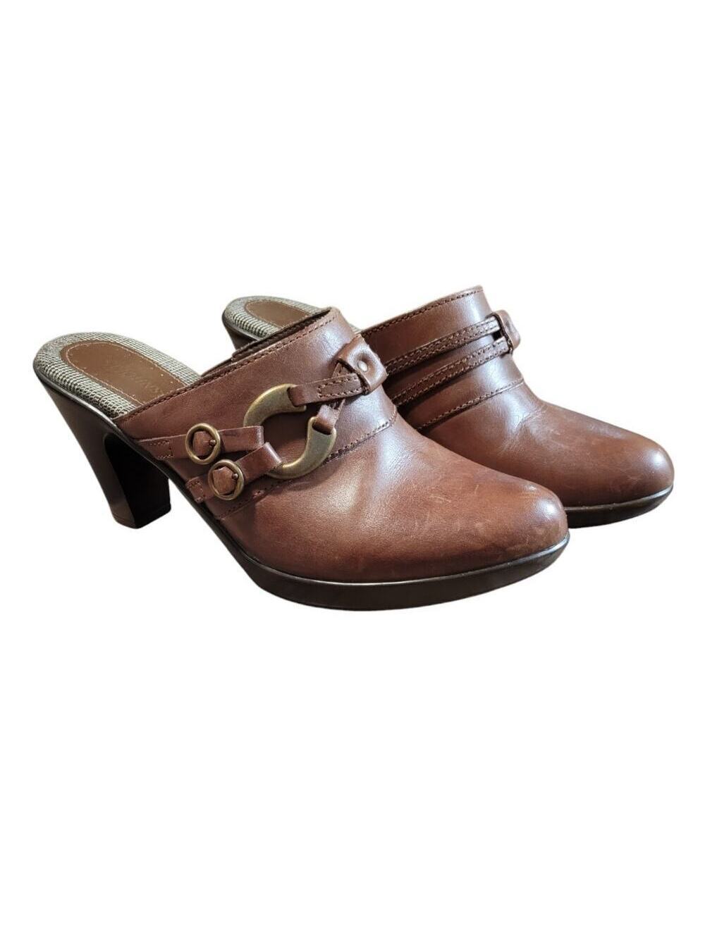 St Johns Bay Women's Brown Leather Slip On Heel Buckle Strap Clogs Mule Size 8.5